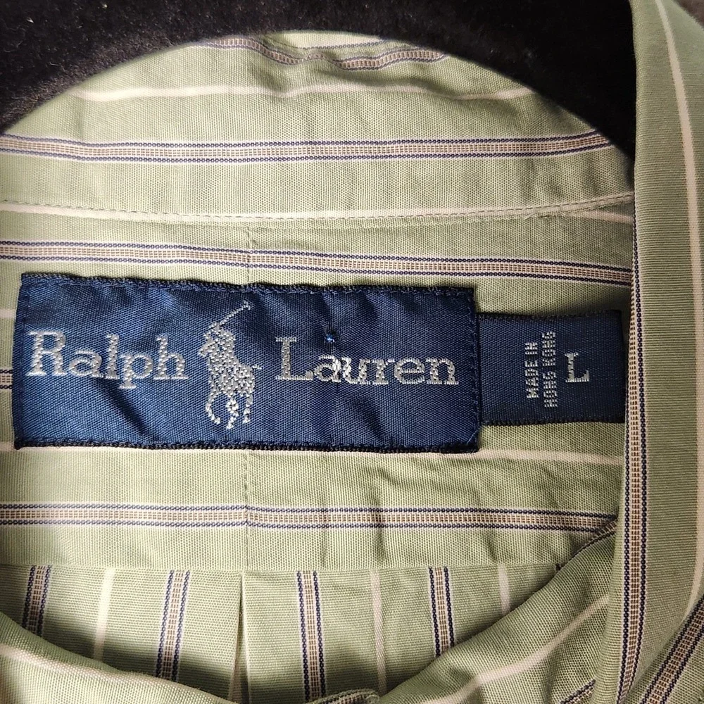 Ralph Lauren Button Down Shirt Mens L‎ Green Striped Long Sleeve Excellent Pony